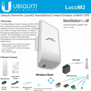 Ubiquiti Networks - LOCOM2 - Ubiquiti NanoStation locoM2 IEEE 802.11b/g 300 Mbit/s Wireless Bridge - 49.2 ft Maximum Ubiquiti Networks - LOCOM2 - Ubiquiti NanoStation locoM2 IEEE 802.11b/g 300 Mbit/s Wireless Bridge - 49.2 ft Maximum