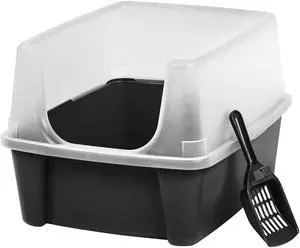 IRIS Open-Top Cat Litter Box with Shield and Scoop, Black