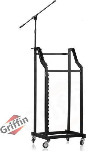 GRIFFIN Rack Mount Cart Stand & Top Mixer Platform 25U | Rolling Music Studio Booth Case Holder | Pro Audio Recording Cabinet Mount Rails | Sound Stage Equipment DJ Gear Display for Amplifier, Effects