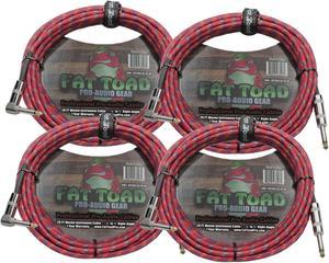 Guitar Cords (4 Pack) Right Angle to Straight-End Instrument Cable Tweed Cloth Jacket by FAT TOAD | Braided Woven 20FT 1/4 Inch Jack TS for Electric Guitar, Bass, AMP | Shielded 20 AWG Patch Conductor