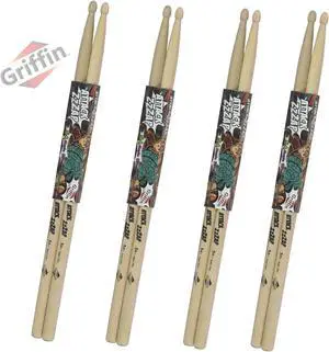 GRIFFIN Attack Zzzap Drum Sticks - 4 Pairs of Select Elite Maple Wood Size 5A - Premium Balanced, Level and Straight - Drummers Percussion Classic Pure Grit Uncoated, Raw Wood Drumming Sticks