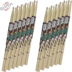 12 Pairs of Select Elite Maple Wood Drum Sticks by GRIFFIN Attack Zzzap - Size 5A Premium Balanced, Level and Straight - Drummers Percussion Classic Pure Grit Uncoated, Raw Wood Drumming Sticks