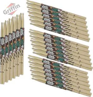 GRIFFIN Attack Zzzap Drum Sticks - 24 Pairs of Select Elite Maple Wood Size 5A - Drummers Percussion Classic Pure Grit Uncoated, Raw Wood Drumming Sticks - Premium Balanced, Level and Straight