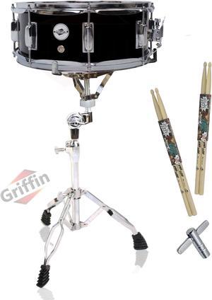 GRIFFIN Snare Drum Kit with Snare Stand, 2 Pairs of Drum Sticks & Drum Key | Wood Shell Drum Set, Maple Sticks, Chrome Holder Acoustic Marching Percussion Musical Instrument Practice Package