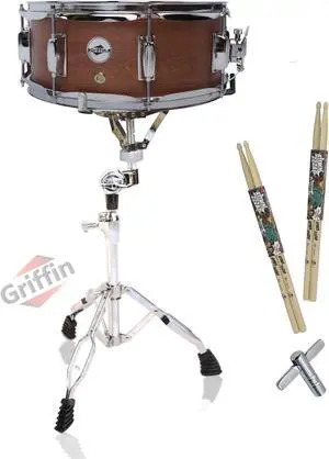 GRIFFIN Snare Drum Package with Snare Stand, 2 Pairs of Drum Sticks & Drum Key | Snare Kit with Poplar Wood Shell 14" x 5.5" with Flat Hickory PVC | 8 Metal Tuning Lugs & Snare Strainer Throw Off