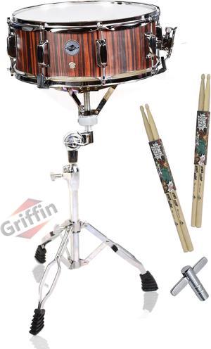 Snare Drum Set by GRIFFIN - Includes Snare Stand, 2 Pairs of Maple Drum Sticks & Drum Key | Wood Shell Drum Set, Chrome Holder Acoustic Marching Percussion Musical Instrument Practice Package