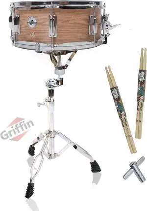 GRIFFIN Snare Drum Kit with Snare Stand, 2 Pairs of Maple Drum Sticks & Drum Key | Wood Shell Drum Set, Percussion Musical Instrument Practice Package | 8 Metal Tuning Lugs & Snare Strainer Throw Off
