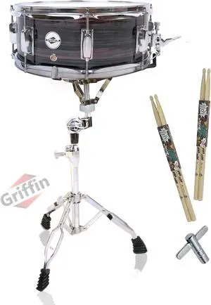 Snare Drum Kit by GRIFFIN | Includes Snare Stand, 2 Pairs of Maple Drum Sticks & Drum Key | 14" x 5.5" Poplar Shell | Percussion Musical Instrument Practice Package for Students & Professionals