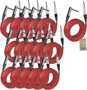 16 PACK - FAT TOAD Guitar Cords Right Angle to Straight-End Instrument Cable Tweed Cloth Jacket | Braided Woven 20FT 1/4 Inch Jack TS for Electric Guitar, Bass, AMP | Shielded 24 AWG Patch Conductor