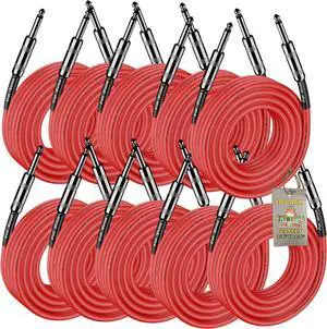 10 PACK - 25FT Speaker Cables by FAT TOAD | Quarter Inch 12 AWG Gauge Wire for Amp, Music Studio Recording & Stage Gear | 1/4" to 1/4 Male Jack Professional Pro Audio Red DJ Speakers PA Patch Cords