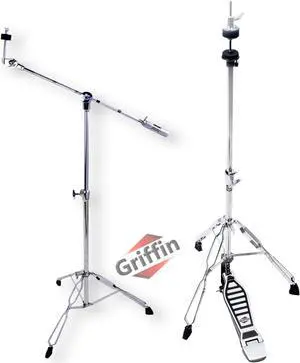 Deluxe 2 PACK Set - Hi-Hat Stand & Cymbal Boom Stand Kit by GRIFFIN | HiHat Cymbal Pedal With Pull Chain & Chrome Double Braced Legs | Counterweight Adapter for Mounting Crash, Ride, Splash Cymbals