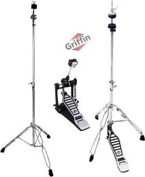 3 PACK - Hi-Hat Stand, Kick Drum Pedal & Straight Cymbal Stand Hardware Kit by GRIFFIN | Deluxe Full Size Percussion Chrome Hardware Set | Lightweight, Portable & Mobile, Perfect for Drummer Gigs