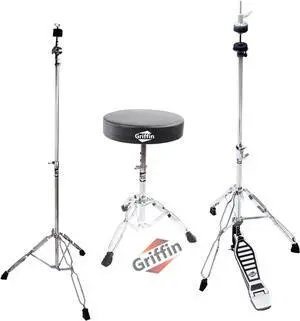 GRIFFIN Drum Hardware 3 PACK - Hi-Hat Stand, Drummers Throne Seat & Straight Cymbal Stand | Deluxe Chrome Slip-Proof Gear Holder Percussion Set for Mounting Medium-Duty Crash, Ride & Splash Cymbals GRIFFIN Drum Hardware 3 PACK - Hi-Hat Stand, Drummers Throne Seat & Straight Cymbal Stand | Deluxe Chrome Slip-Proof Gear Holder Percussion Set for Mounting Medium-Duty Crash, Ride & Splash Cymbals