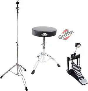 3 PACK GRIFFIN Drum Hardware Set - Kick Drum Pedal, Drummers Throne Seat & Straight Cymbal Stand | Deluxe Chrome Slip-Proof Gear Holder Percussion Set for Mounting Crash, Ride & Splash Cymbals