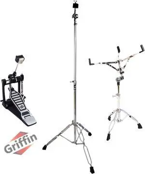 Drum Hardware Set 3 PACK by GRIFFIN - Kick Drum Pedal, Snare Stand & Straight Cymbal Stand | Deluxe Double Chain Full Steel Foot Pedal for Intense Play | Slip-Proof Gear Tilter & Clamp Basket Holder