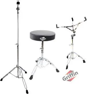 Drummers Throne Seat, Snare Drum Stand & Straight Cymbal Stand Hardware Set 3 PACK by GRIFFIN | Comfortable Percussion Chair for Adults | Light Weight Mount for Standard Drums, Tom-Toms & Practice Pad