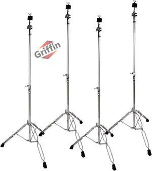 4 PACK - Straight Cymbal Stand Set by GRIFFIN | Double Braced Legs, Slip-Proof Gear Holder & Light-Duty for Mobile Drummers | Percussion Chrome Drum Hardware Kit for Mounting Crash & Splash Cymbals