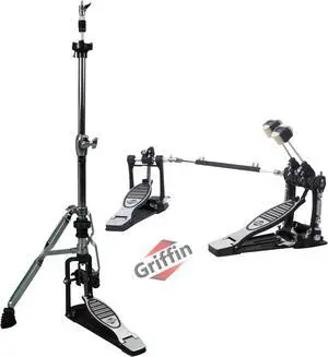 GRIFFIN Deluxe 2-Pack Drum Hardware Kit - Double Kick Drum Bass Pedal & 2-Legged Premium Hi-Hat Stand | Quad Sided Beater Head | Dual Chain Drive System | Impressive Response for Metal & Rock Drummers