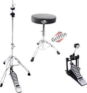 3 PACK GRIFFIN Drum Hardware Set - Bass Drum Kick Pedal, Drummers Throne Seat & Hi-Hat Cymbal Stand | Deluxe Chrome Slip-Proof Gear Holder Percussion Set for Mounting Crash, Ride & Splash Cymbals