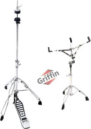 2-PACK Drum Hardware Set- Hi-Hat Stand & Snare Drum Stand by GRIFFIN | Hi Hat Cymbal Pedal With Pull Chain | Chrome Double Braced Kit | Mount Basket for Standard Snares, Tom Drums & Practice Pad