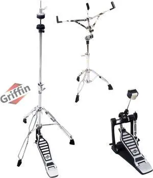 3 PACK - Hi-Hat Stand, Kick Drum Pedal & Snare Stand Hardware Kit by GRIFFIN | Deluxe Full Size Percussion Chrome Hardware Set | Lightweight, Portable & Mobile, Perfect for Drummer Gigs