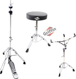 Hi-Hat Stand, Drummers Throne Seat & Snare Stand - 3 PACK Drum Hardware Set by GRIFFIN | Deluxe Chrome Slip-Proof Gear Holder Percussion Kit for Mounting Hihat Cymbals, and Snare Drums