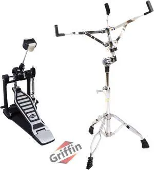 GRIFFIN Deluxe 2 Pack- Single Kick Bass Drum Pedal & Snare Drum Stand Set by GRIFFIN | Double Chain Foot Percussion Hardware Kit for Intense Play | 4 Sided Beater & Fully Adjustable Power Cam System
