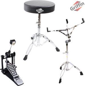 GRIFFIN 3 Pack Set- Single Kick Bass Pedal, Drum Throne & Snare Stand Set by GRIFFIN | Double Chain Foot Percussion Hardware Kit for Intense Play | Comfortable Drum Seat Percussion Chair for Adults