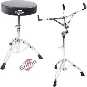 Snare Stand & Drum Throne 2-PACK Set by GRIFFIN | Percussion Chrome Hardware Kit & Double Braced Light-Weight Mount for Standard Snares, Tom-Toms & Practice Pad | Slip-Proof Gear Tilter & Clamp Holder