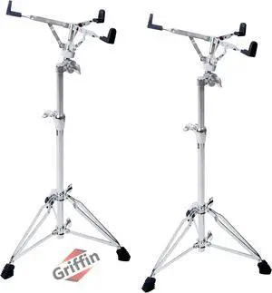 2-PACK- Concert Stand Up Snare Drum Stands by GRIFFIN | Tall Adjustable Chrome Height Stand For Drummers Percussion Practice Pads & Drums | Extended Height Drum Hardware Mount Holder With Basket Clamp
