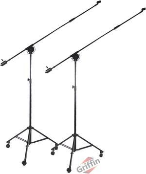 2 PACK - Professional Studio Microphone Boom Stand with Wheels by GRIFFIN | Extended Reach Height Mic Holder for Recording & Stages | Tall Telescoping Arm Mount & Retractable Tripod Legs on Casters