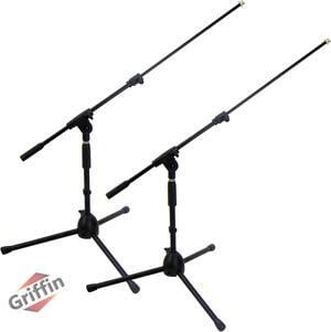 2 PACK- Low Profile Microphone Stand by GRIFFIN | Short Tripod Mic Stand Mount with Boom Arm for Kick Bass Drum, Studio Desktop Recording, Singing & Guitar Amplifiers | Small Height Telescoping Holder