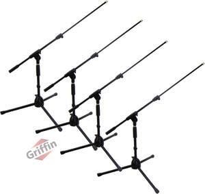 4 PACK - GRIFFIN Low Profile Microphone Stand | Short Tripod Mic Stand Mount with Boom Arm for Bass Drum, Studio Recording, Stage Monitor Speakers & Guitar Amplifiers | Small Height Telescoping Holder