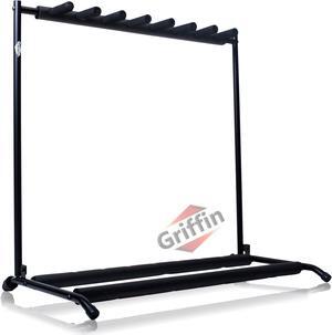Seven Guitar Rack Stand by GRIFFIN | Floor Storage Holder for Multiple Guitars | Neck Mount Support For Electric, Acoustic Bass, Accessories | Recording Studios, Schools, Stage Performers, Wall Hanger