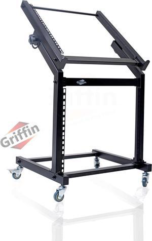 Rack Mount Rolling Stand & Adjustable Mixer Platform Rails by GRIFFIN | 19U Cart Holder for Music Studio Booth Pro Audio Recording Cabinet | Stage Equipment DJ Gear Storage Case for Amplifier, Effects