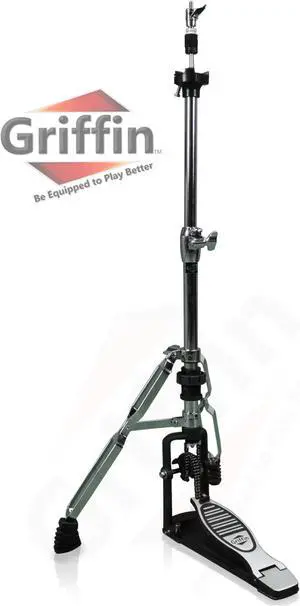 Premium 2 Leg Hi-Hat Stand by GRIFFIN | Heavy Duty Hihat Cymbal Foot Pedal with Drum Key | Folding Two Leg Style Converts to a No Leg High Hat Mount | Double Braced Chrome Percussion Hardware Mount
