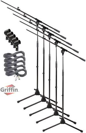 GRIFFIN Microphone Stand (Pack of 5) with XLR Cables & Mic Clip | Telescoping Boom Arm Tripod Legs for Studio Recording Accessories, Singing Vocal Karaoke, DJ Live Stage | 20ft Pro Audio Mic Cord Wire