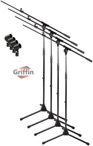 Tripod Microphone Boom Stand with Mic Clip Adapter (Pack of 4) by GRIFFIN | Adjustable Holder Mount For Studio Recording Accessories, Singing Vocal Karaoke, Live Stage | Folding Legs & Telescoping Arm