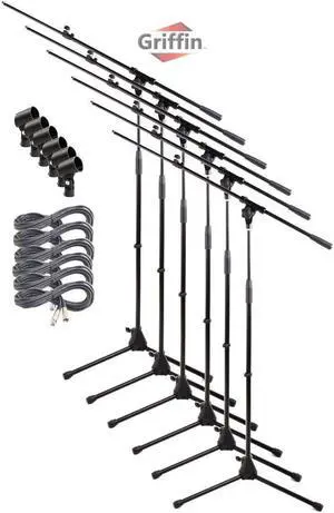 GRIFFIN Microphone Boom Stand (Pack of 6) with XLR Cables & Mic Clip | Telescopic Arm Tripod Legs for Studio Recording Accessories, Singing Vocal Karaoke, DJ Live | 20ft Pro Audio Mic Cord 20 AWG Wire