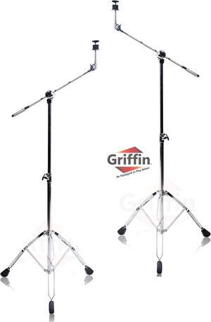 Cymbal Stand With Boom Arm by GRIFFIN (Pack of 2) | Drum Percussion Gear Hardware Set with Double Braced Legs | Counterweight Adapter for Mounting Heavy Duty Crash, Ride, Splash Cymbals For Drummers