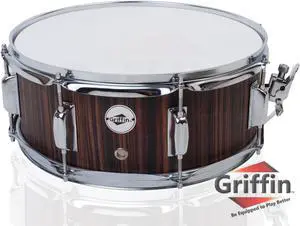 Snare Drum by GRIFFIN | 14" x 5.5"  Black Hickory PVC & Coated Head on Poplar Wood Shell | Acoustic Marching Percussion Instrument Set, Drummers Key, 8 Metal Tuning Lugs & Snare Strainer Throw Off Kit