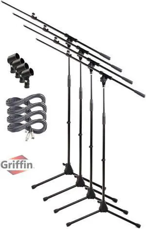 Telescoping Tripod Microphone Boom Stand with XLR Mic Cable & Clip (Pack of 4) by GRIFFIN | Premium Quality for Studio, Karaoke, Recording Studio, Live Performances, Conferences | 20ft Microphone Cord