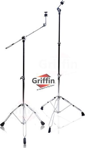 Cymbal Boom Stand & Straight Cymbal Stand Combo (Pack of 2) by GRIFFIN | Percussion Drum Hardware Set for Mounting & Holding Crash, Ride, Splash Cymbals | Arm Counterweight Adapter Kit & Double Braced