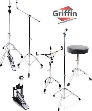 Complete Drum Hardware Pack 6 Piece Set by GRIFFIN | Full Size Percussion Stand Kit with Snare, Hi-Hat, Cymbal Boom, Throne Stool & Single Kick Drum Pedal | Lightweight and Portable, Perfect for Gigs