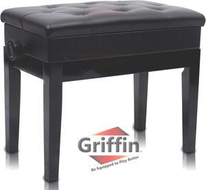 GRIFFIN Premium Antique Piano Bench | Adjustable Black Solid Wood Frame & PU Leather Padded Cushion | Vintage Ergonomic Musicians Keyboard Chair | Guitar Stool, Home Vanity Bench | Sheet Music Storage