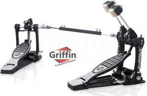 Deluxe Double Kick Drum Pedal for Bass Drum by GRIFFIN | Twin Set Foot Pedal | Quad Sided Beater Heads | Dual Pedal Two Chain Drive Percussion Hardware | Impressive Response for Metal & Rock Drummers