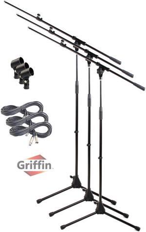 Microphone Boom Stand with XLR Mic Cable & Clip (Pack of 3) by GRIFFIN | Telescoping Arm Tripod Legs for Studio Recording Accessories, Singing Vocal Karaoke, Live Stage | 20ft Pro Audio Mic Cord Wire