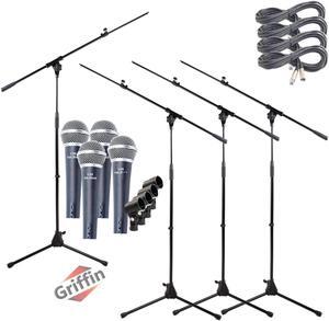 Microphone Stand with Telescoping Boom Arm, 20 Ft XLR Cable (Pack of 4) by GRIFFIN | Handheld Dynamic Mic & Clip  | DJ Pro-Audio Cardioid Singing Microphones for Home Studio Recording & Live Steaming