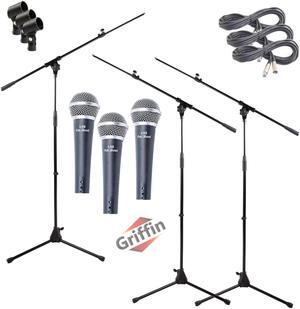 GRIFFIN Microphone Boom Stand & Cardioid Wired Mic, XLR Cable, & Clip (Pack of 3) | Telescoping Arm Holder, Tripod Legs | Karaoke Vocal Singing Microphone | Home Recording Studio Streaming Accessories