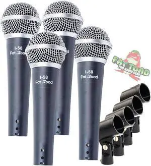 Cardioid Microphones with Clips (4 Pack) by FAT TOAD | Vocal Handheld, Wired Unidirectional Mic | Singing Microphone Designed for Music Stage Performances & Streaming Studio Recording or PA DJ Karaoke